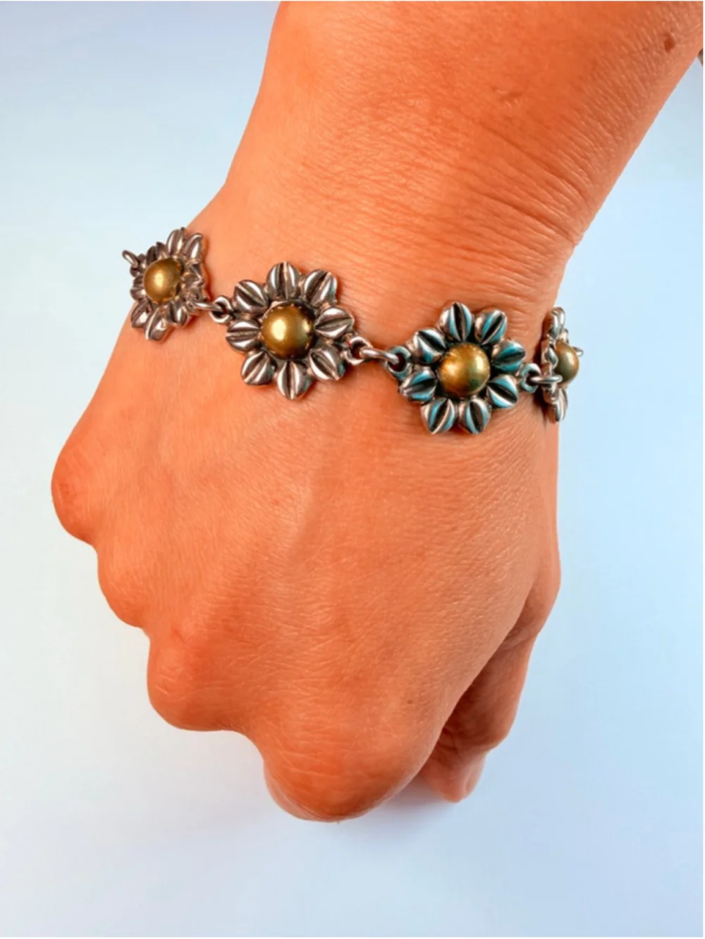 Taxco Retro Daisy Flower Floral Link Brass & Sterling Silver 925 Bracelet Mexico - Picture 4 of 6